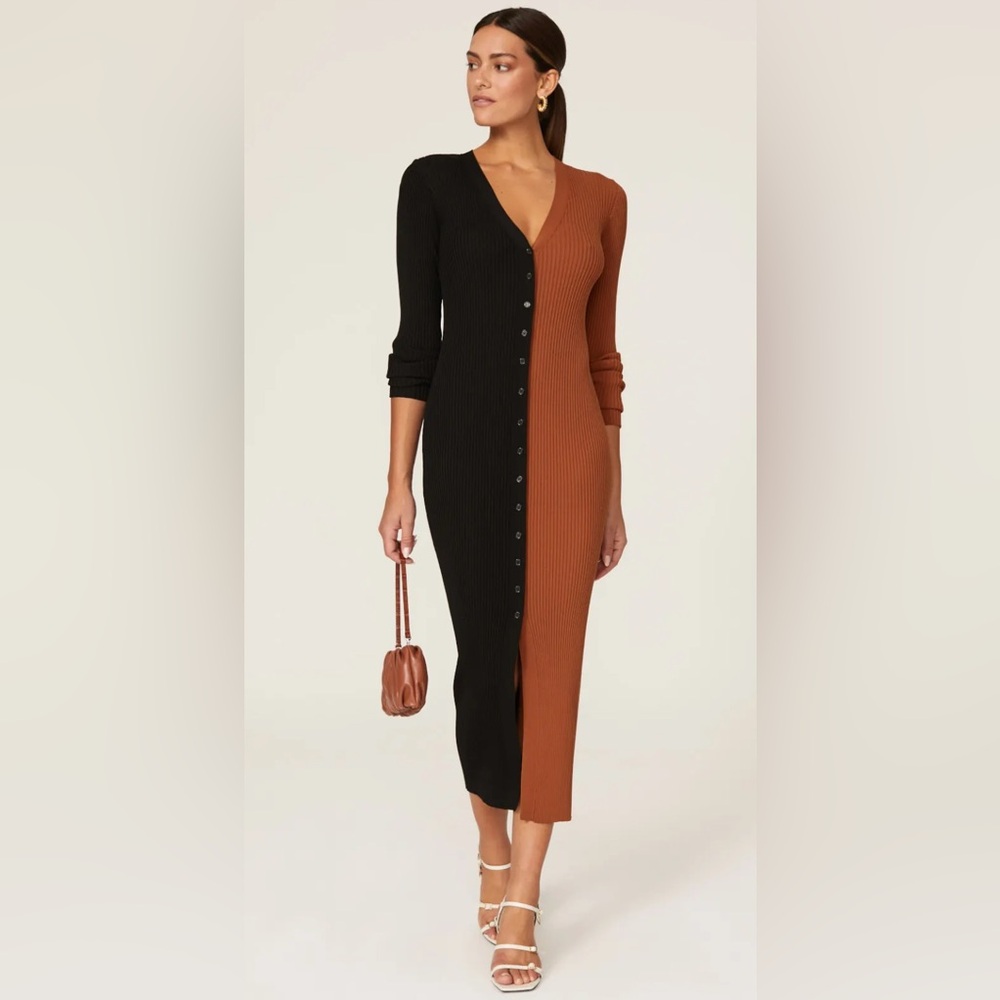 STAUD Black and Brown Ribbed Dress